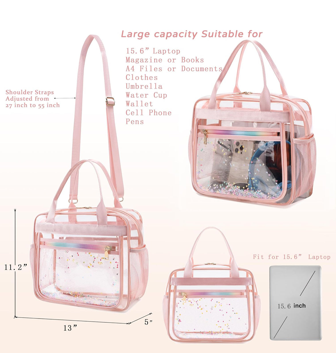 Clear Beach Bag Travel Tote Transparent Backpack for Women Girls Stadium Approved Crossbody Messenger Shoulder Handbag