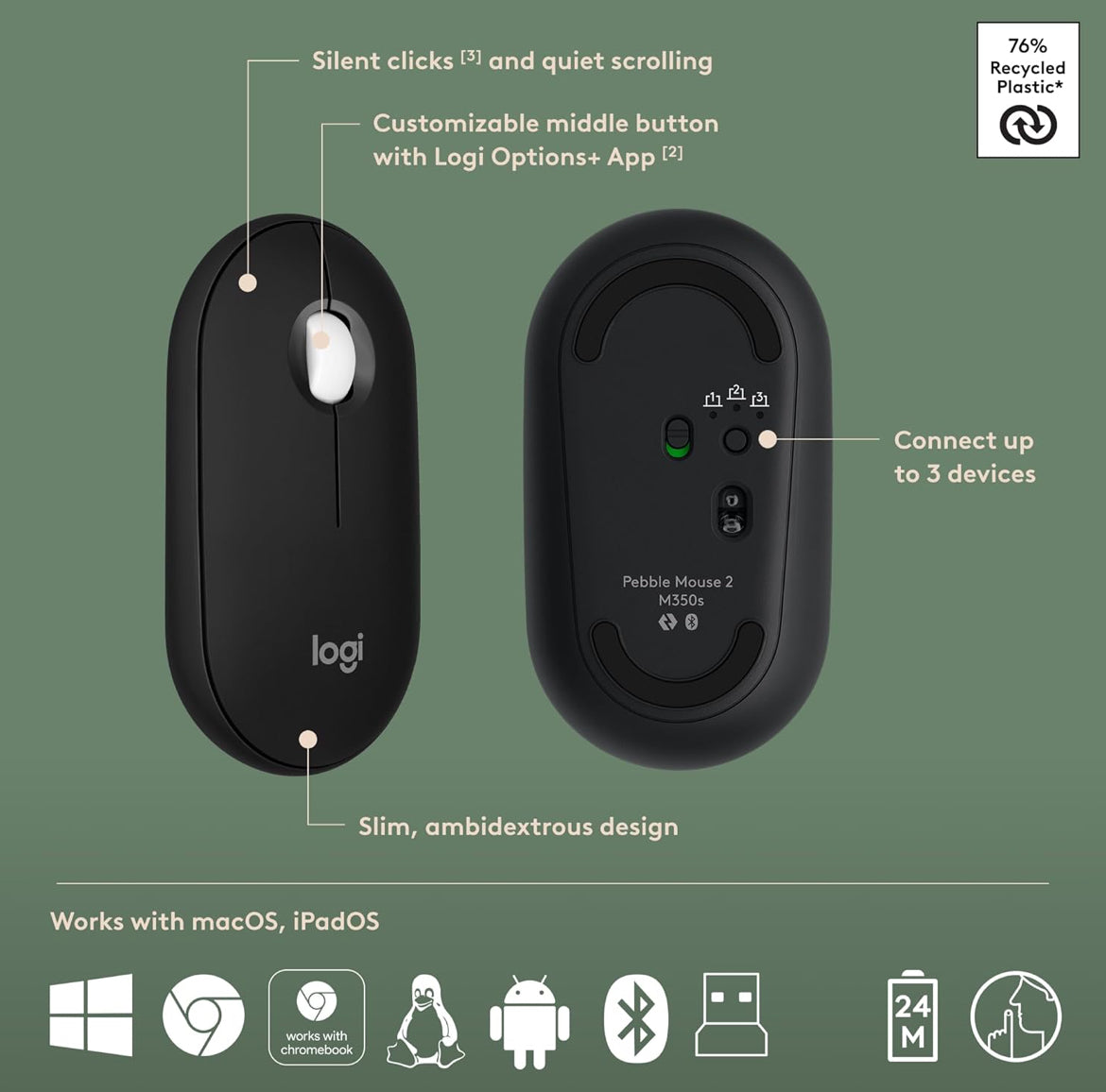 Logitech Pebble 2 Combo, Draadlose Sleutelbord en Muis, Stil en Draagbaar, Aanpasbaar, Logi Bolt, Bluetooth, Maklike Skakel vir Windows, macOS, iPadOS, Chrome - Swart