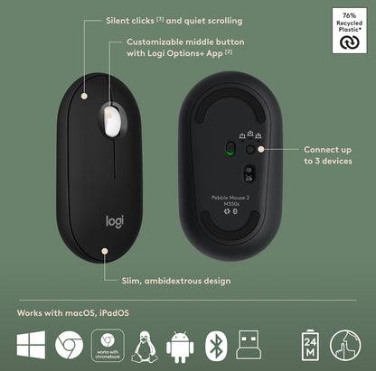 Logitech Pebble 2 Combo, Draadlose Sleutelbord en Muis, Stil en Draagbaar, Aanpasbaar, Logi Bolt, Bluetooth, Maklike Skakel vir Windows, macOS, iPadOS, Chrome - Swart