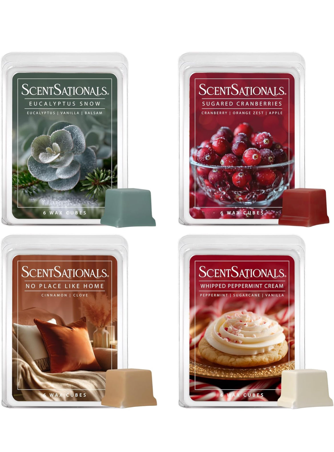 Scentsationals Christmas Wax Melts Long Lasting, Strong Scent - Eucalyptus Snow, Frosted Cranberry, No Place Like Home, & Whipped Peppermint Cream - 10oz