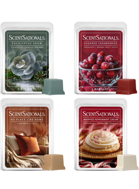 Scentsationals Christmas Wax Melts Long Lasting, Strong Scent - Eucalyptus Snow, Frosted Cranberry, No Place Like Home, & Whipped Peppermint Cream - 10oz