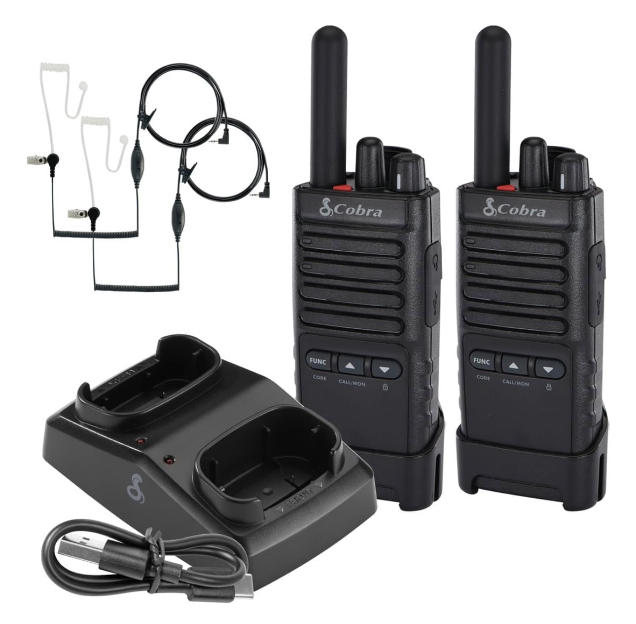 Cobra PX652 Professionele Walkie Talkies - Herlaaibaar, 22 Kanale, 300,000 vt.²/25 Vloer Bereik, Stofbeskerm en Spatwaterdig (IP54 Gradering), Oorfone en Laaiers Ingesluit (2-Pak)