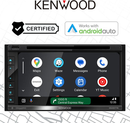 Kenwood 6.8" DVD-motorstereo, Garmin-navigasie ingebou, Inrix-verkeersdiens, CarPlay en Android Auto, Bluetooth, Vier kamera-insette