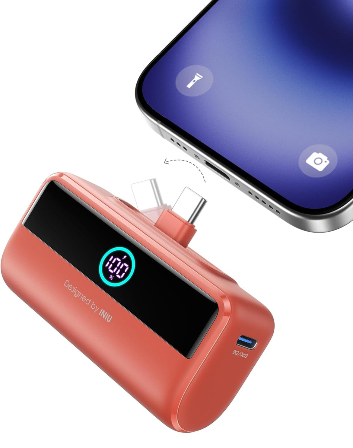 INIU Compact Portable Charger, 5500mAh Power Bank with Build-in USB-C Connector, 22.5W PD Fast Charging Powerbank, Family Flight Cruise Ship Essential Phone Charger for iPhone 16 15 Samsung, Orange