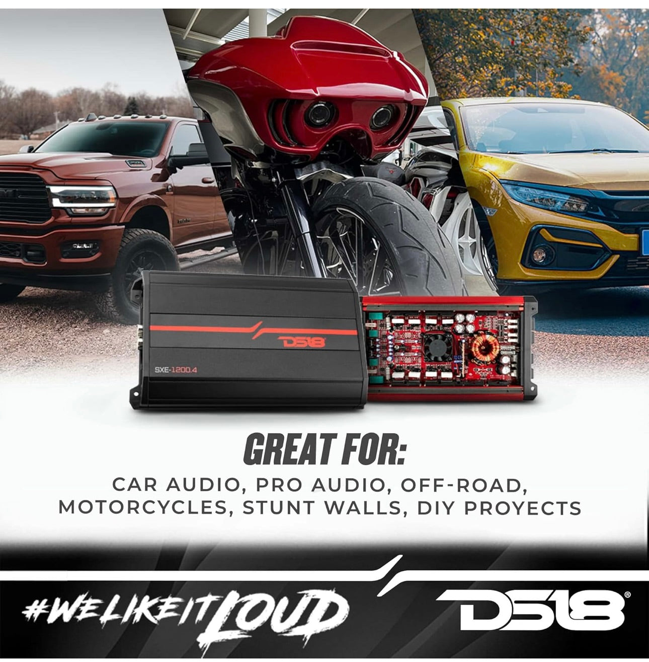 DS18 SXE-1200.4/BK Car Amplifier Stereo Full-Range Class A/B 4-Channel - NEW
