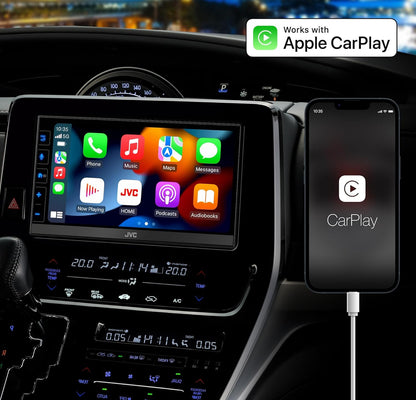 JVC Apple CarPlay Android Auto Digitale Mediaspeler, Dubbel Din, 6.8 Duim LCD Raakskerm, AM/FM, HD Radio, Bluetooth, MP3 Speler, USB Poort, iDatalink Maestro, SiriusXM, Motorradio
