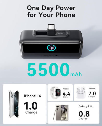 INIU Compact Portable Charger, 5500mAh Power Bank with Build-in USB-C Connector, 22.5W PD Fast Charging Powerbank, Family Flight Cruise Ship Essential Phone Charger for iPhone 16 15 Samsung, Orange