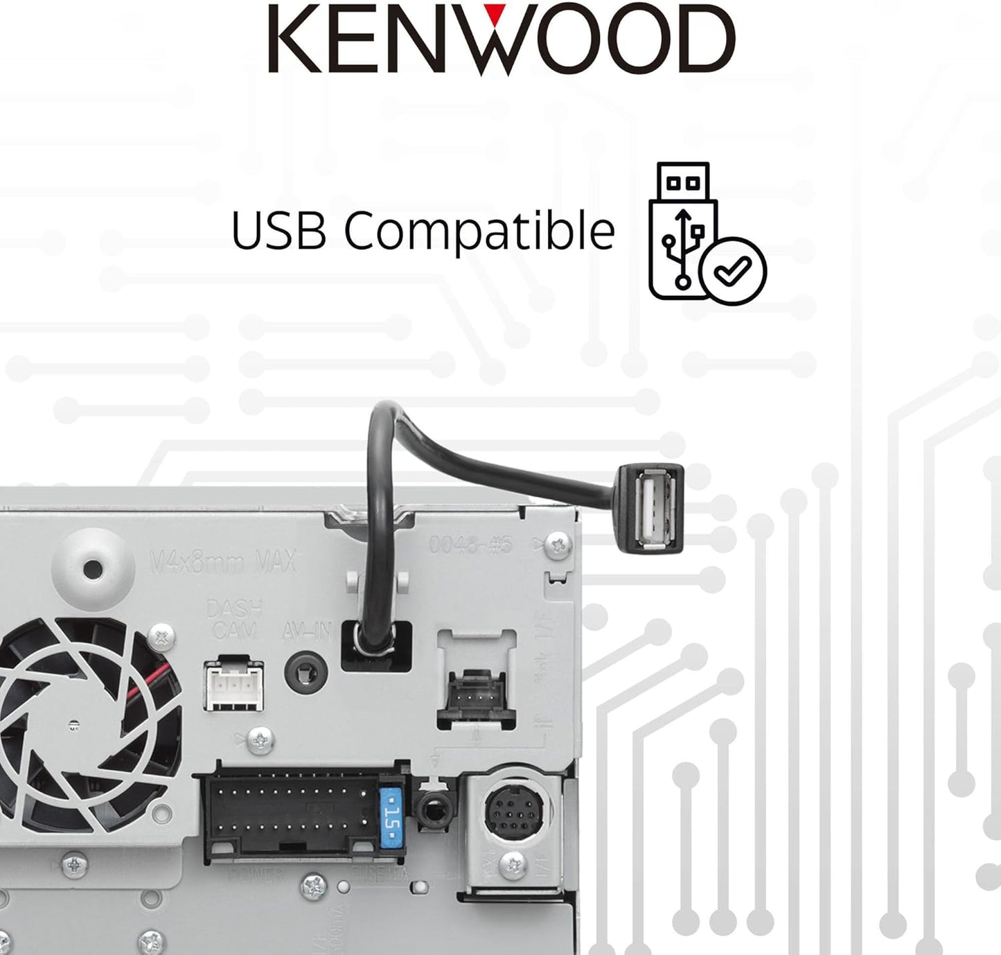 Kenwood 6.8" DVD-motorstereo, Garmin-navigasie ingebou, Inrix-verkeersdiens, CarPlay en Android Auto, Bluetooth, Vier kamera-insette