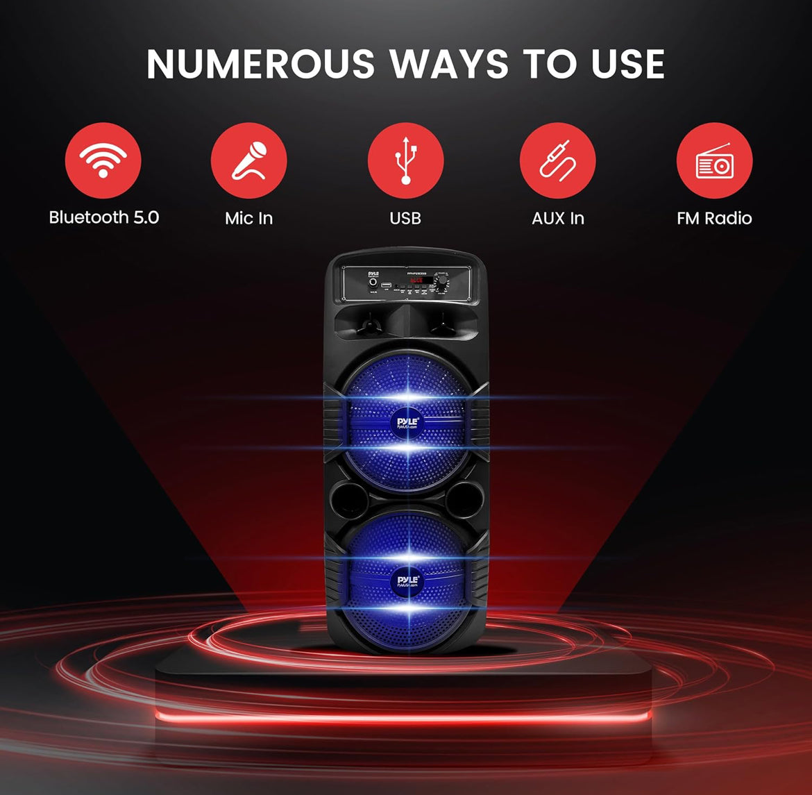Portable Bluetooth PA Speaker System 8" 600W Rechargeable w/ Dual Subwoofer, Microphone In, Party Lights, USB, Radio, Remote