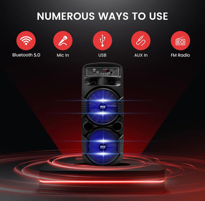 Portable Bluetooth PA Speaker System 8" 600W Rechargeable w/ Dual Subwoofer, Microphone In, Party Lights, USB, Radio, Remote