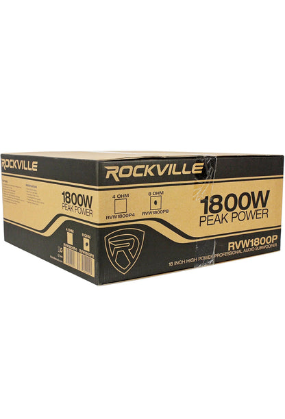 Rockville RVW1800P8 1800W 18" Rou DJ Subwoofer 8 Ohm, Hoë Kraghantering, Diep Basreaksie, Duursame Konstruksie, vir Professionele DJ's en Regstreekse Klank