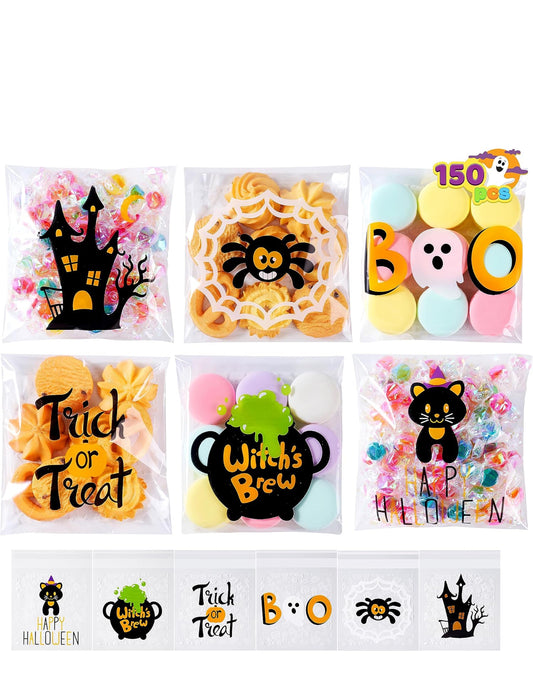 JOYIN 150 Stuks Halloween Sellofaan Behandelingsakkies, Selfklevende Deursigtige Koekie- en Lekkergoedhouers vir Kinders se Snuffel of Behandeling, Klein Geskenk-sluitsakkies in Grootmaat vir Halloween-partytjie-gunste in 6 Ontwerpe