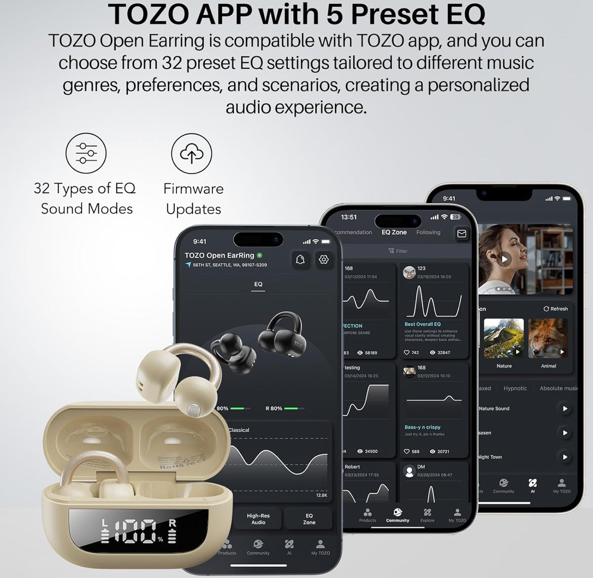 Open Ear Clip Earbuds, Lightweight Comfort 40H Play BT w/ Smart Digital Display - Khaki