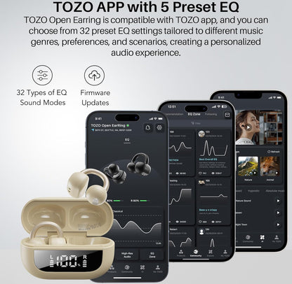 Open Ear Clip Earbuds, Lightweight Comfort 40H Play BT w/ Smart Digital Display - Khaki