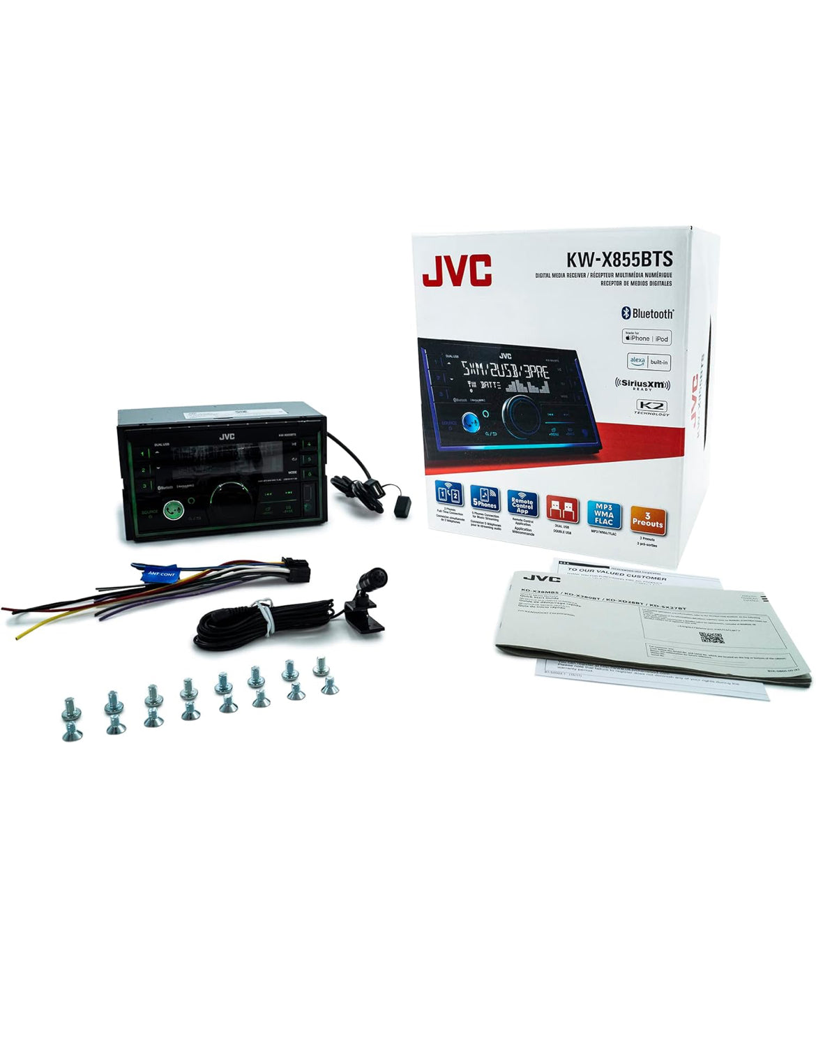 JVC KW-X855BTS Bluetooth-motorstereo-digitale media-ontvanger met USB-poort, AM/FM-radio, MP3-speler, Amazon Alexa, Android, iPhone, dubbel-DIN, 13-band EQ