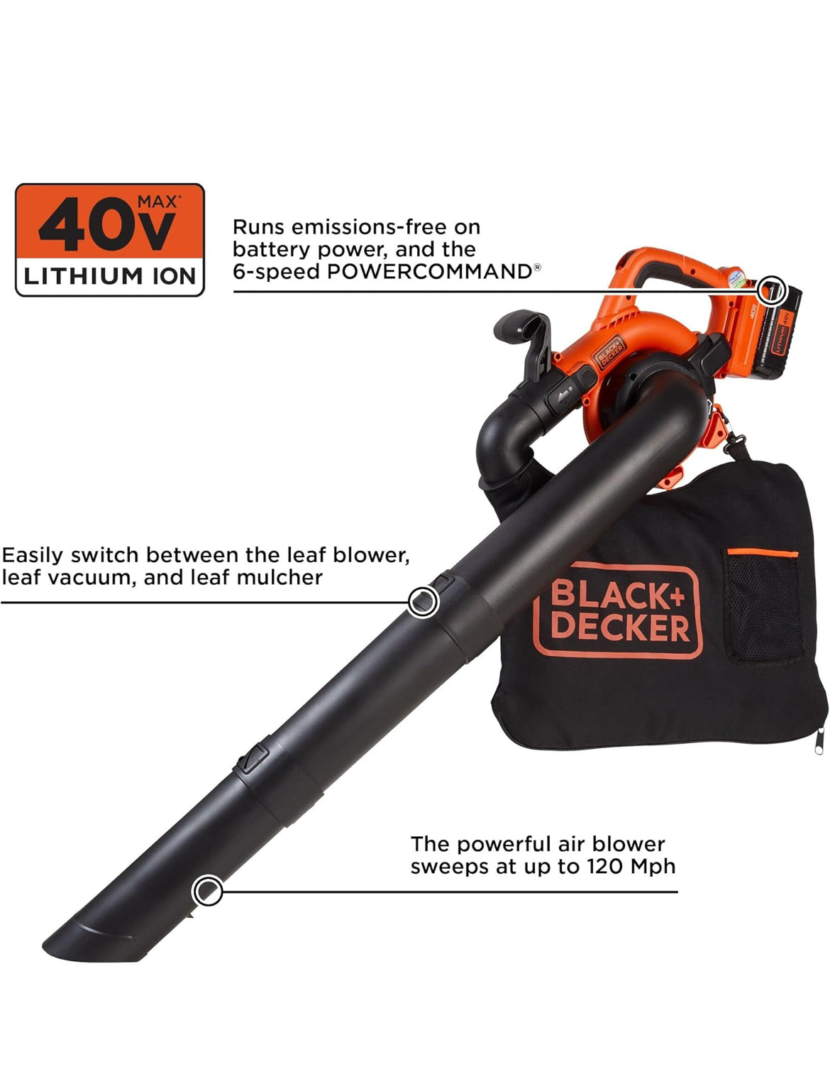 BLACK+DECKER 40V Koordlose Blaas- en Suigmasjienstel, 193 km/h Lugspoed, 6-Spoed Skakelaar, Ingeboude Skraper, met Versamelsak, Battery en Laaier Ingesluit (LSWV36)