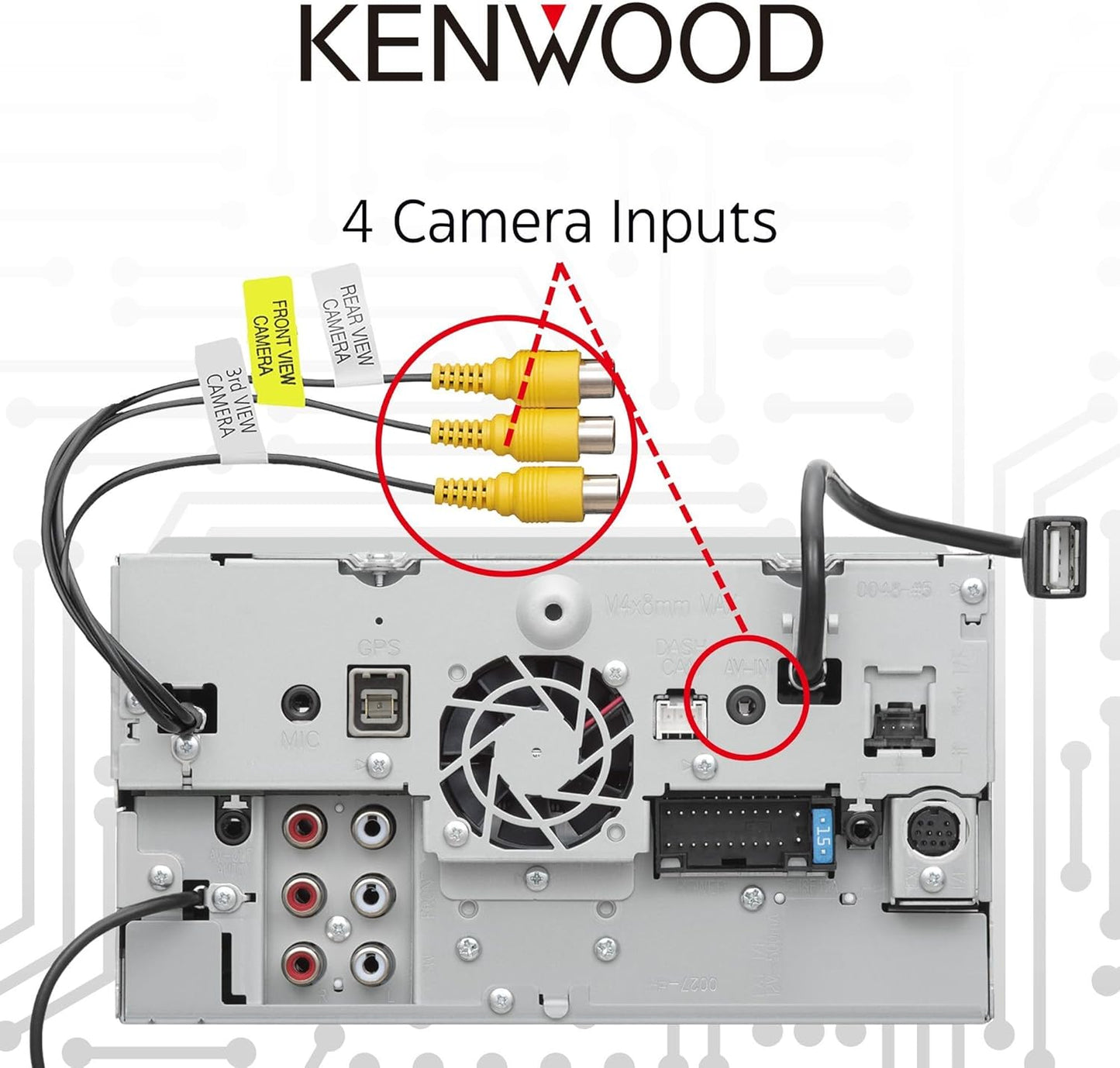 Kenwood 6.8" DVD-motorstereo, Garmin-navigasie ingebou, Inrix-verkeersdiens, CarPlay en Android Auto, Bluetooth, Vier kamera-insette