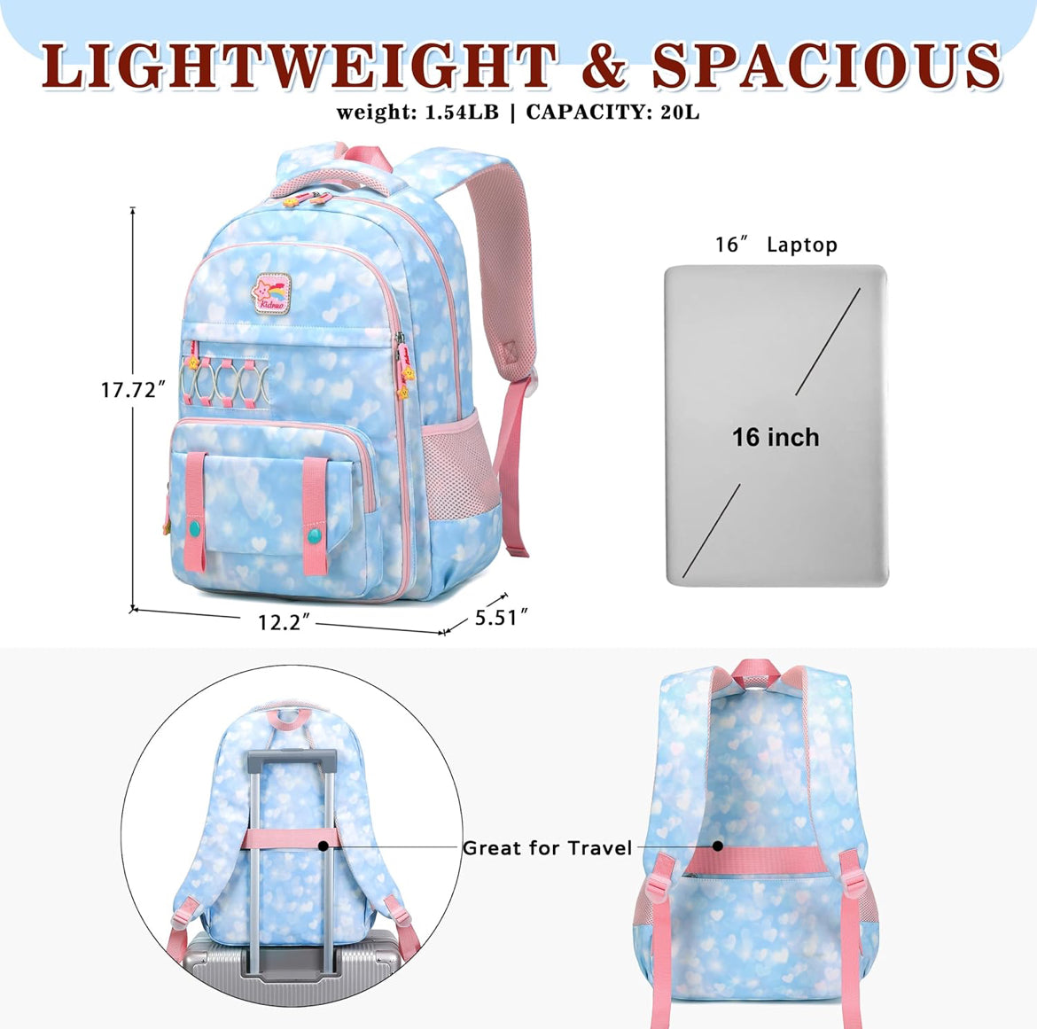 Girls Backpack 15.6 Inch Laptop School Bag Cute Kids Kindergarten Elementary Backpacks Middle Schoolbag Large Bookbags for Women Teens Students Anti Theft Travel Daypack (Blue)