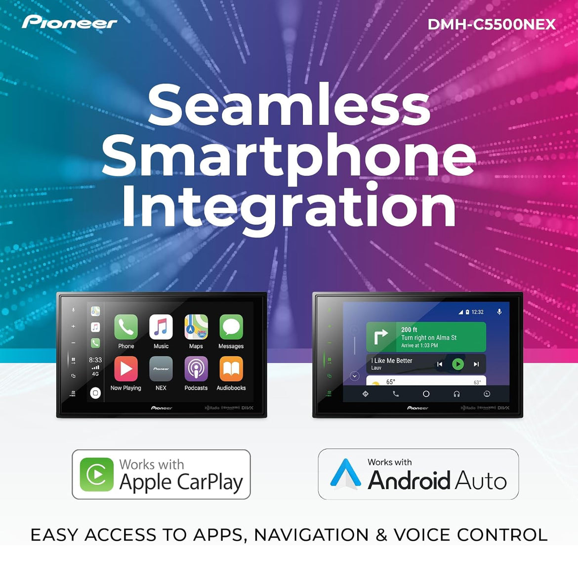 Pioneer DMH-C5500NEX 8" Capacitive Touchscreen Modular Chassis Car Stereo
Digital Multimedia Receiver, Wired Apple CarPlay & Android Auto, Alexa, Bluetooth, Backup Camera, FLAC, Hi-Volt RCA