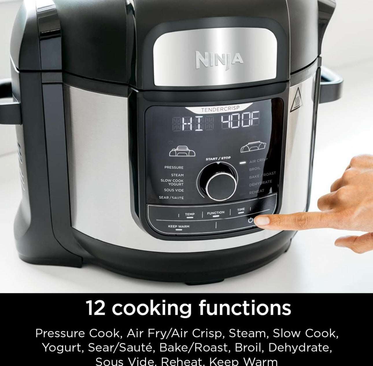 Ninja FD401 LP3 Foodi 12-in-1 Deluxe XL 8 qt. Drukkoker en Lugbraaier wat Stoom, Stadig Kook, Skroei, Soteer, Dehidreer en Meer, met 5 qt. Knapperige Mandjie, Omkeerbare Rak en Resepteboek, Silwer