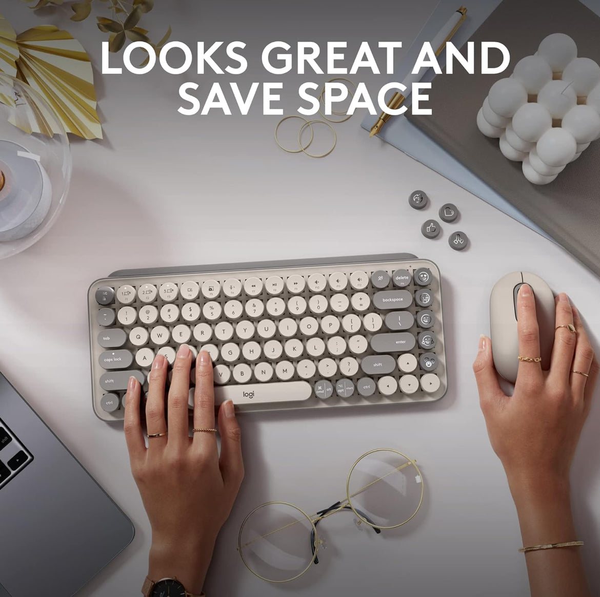 Logitech POP Keys Meganiese Draadlose Sleutelbord met Aanpasbare Emoji-sleutels, Duursame Kompakte Ontwerp, Bluetooth- of USB-verbinding, Multi-toestel, OS-versoenbaar -Mist