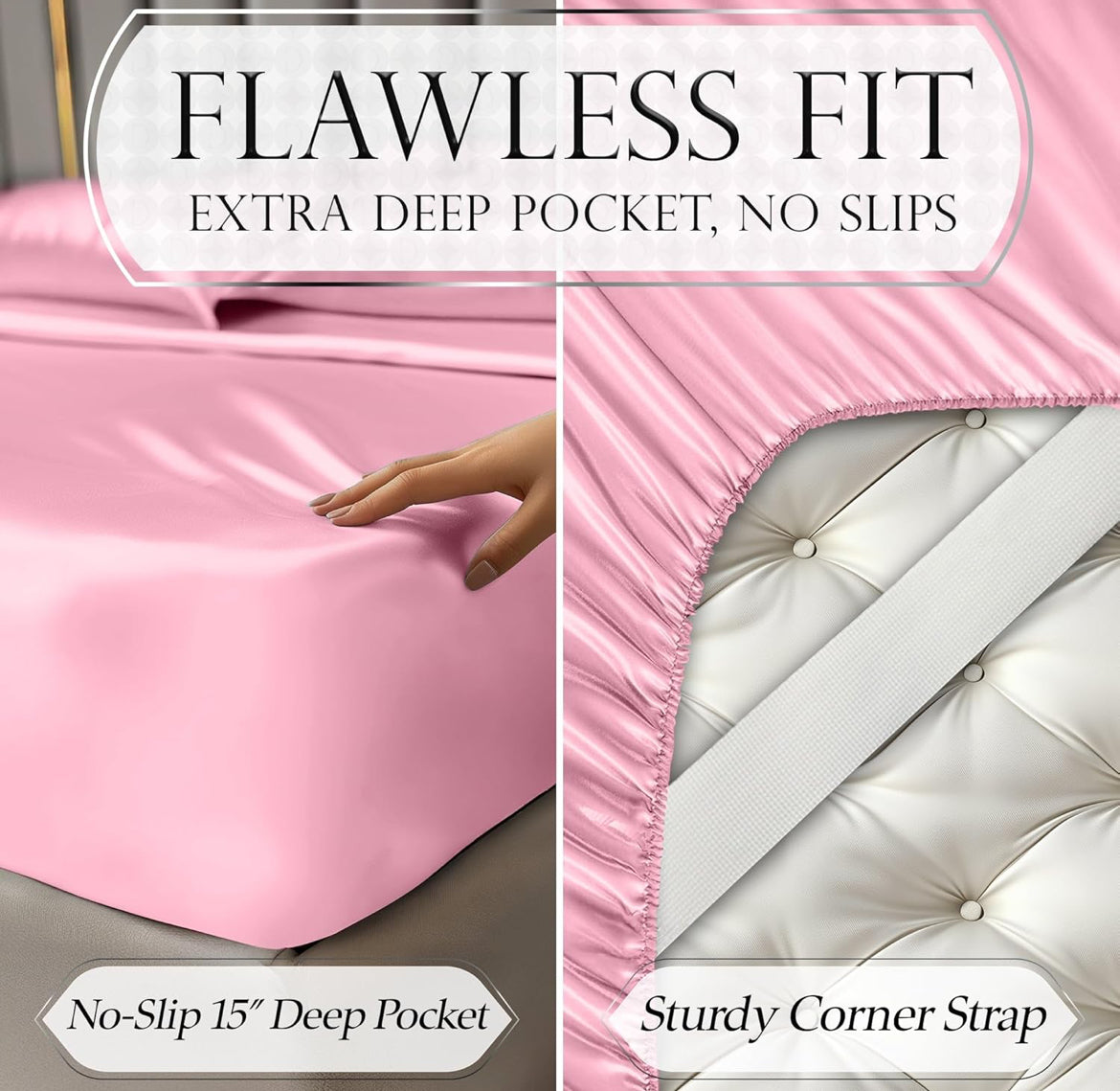 DECOLURE Satin Bed Sheets - 4 Piece Luxury Silky Queen Size Bedding Set - Softer Than Silk, Wrinkle-Free with 15” Deep Pocket Fitted Sheet, Perfect for Hair & Skin, Gifts for Women (Pink)