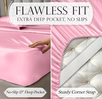 DECOLURE Satin Bed Sheets - 4 Piece Luxury Silky Queen Size Bedding Set - Softer Than Silk, Wrinkle-Free with 15” Deep Pocket Fitted Sheet, Perfect for Hair & Skin, Gifts for Women (Pink)