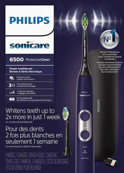 PHILIPS Sonicare Protective Clean 6500 Herlaaibare Elektriese Tandeborsel met Laai-reistas en Ekstra Borselkop - Dieppurper