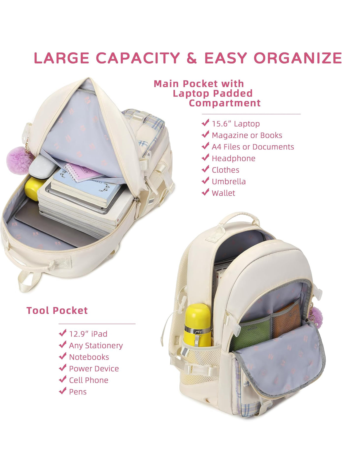 Backpack for Girls, 15.6 Inch Laptop School Bag Kids Kindergarten Elementary College Backpacks Large Bookbags for Teen Girl Women Students Casual Travel Daypacks (Beige)