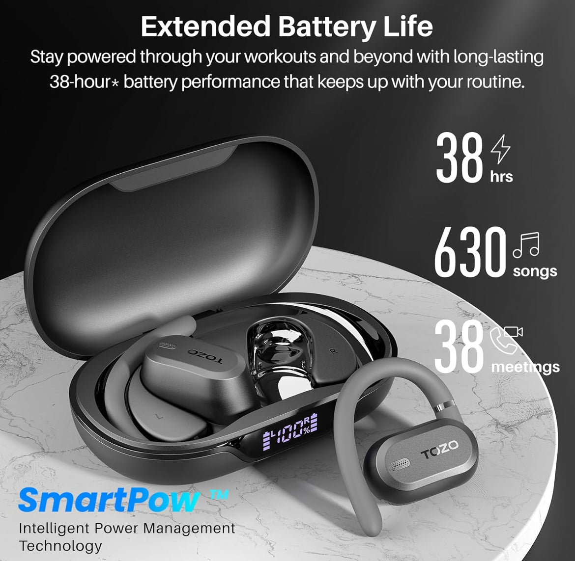 OpenWear Open Ear Headphones, Adjustable Ear Hooks, Ultra Comfort, Bass Bluetooth Headphones 5.4 with Smart Digital Display (Black)