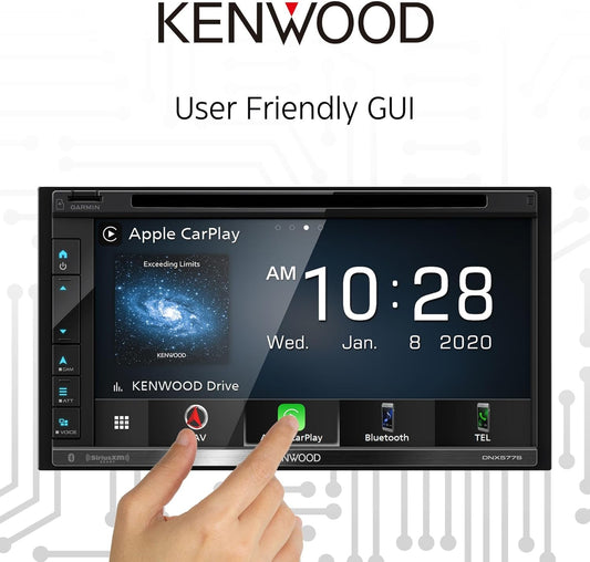 Kenwood 6.8" DVD-motorstereo, Garmin-navigasie ingebou, Inrix-verkeersdiens, CarPlay en Android Auto, Bluetooth, Vier kamera-insette