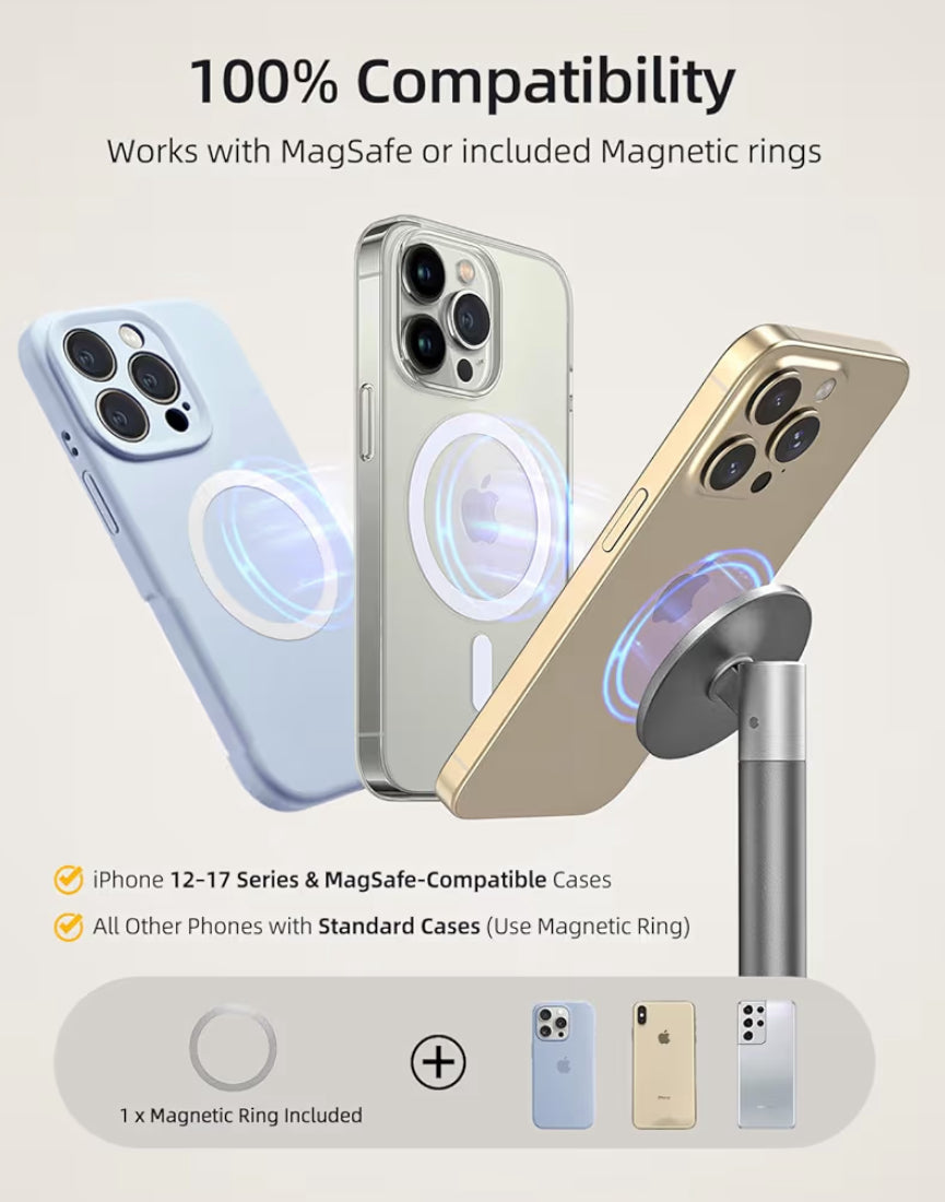 Magnetic Fully Aluminum Phone Stand, 360 Rotating for Desk w/ Metal Ring, Adjustable Holder with MagSafe Case - Silver