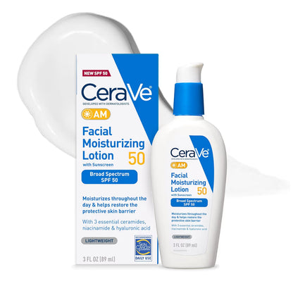 CeraVe AM Gesigsbevogtigende Melk SPF 50 Hialuronzuur, Niasienamied & Seramiede Nie-komedogeniese Sonroom (89 ml)