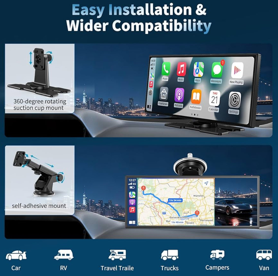 Wireless HD 11.5'' Carplay & Android Auto Car Stereo Touchscreen w/ 4K Dash Cam 1080P Backup Camera,Voice Control/GPS Navigation/Mirror Link/Bluetooth/AUX/FM