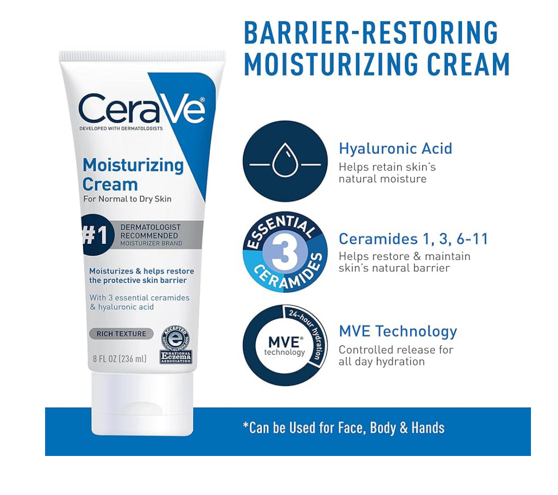 CeraVe Hydraterende Velversorgingstel - (237ml) Bevogtigende Room & (237ml) Hydraterende Gesigsreiniger, Sermeide + Hialuroonsuur Bevogtiger