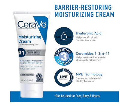 CeraVe Hydraterende Velversorgingstel - (237ml) Bevogtigende Room & (237ml) Hydraterende Gesigsreiniger, Sermeide + Hialuroonsuur Bevogtiger