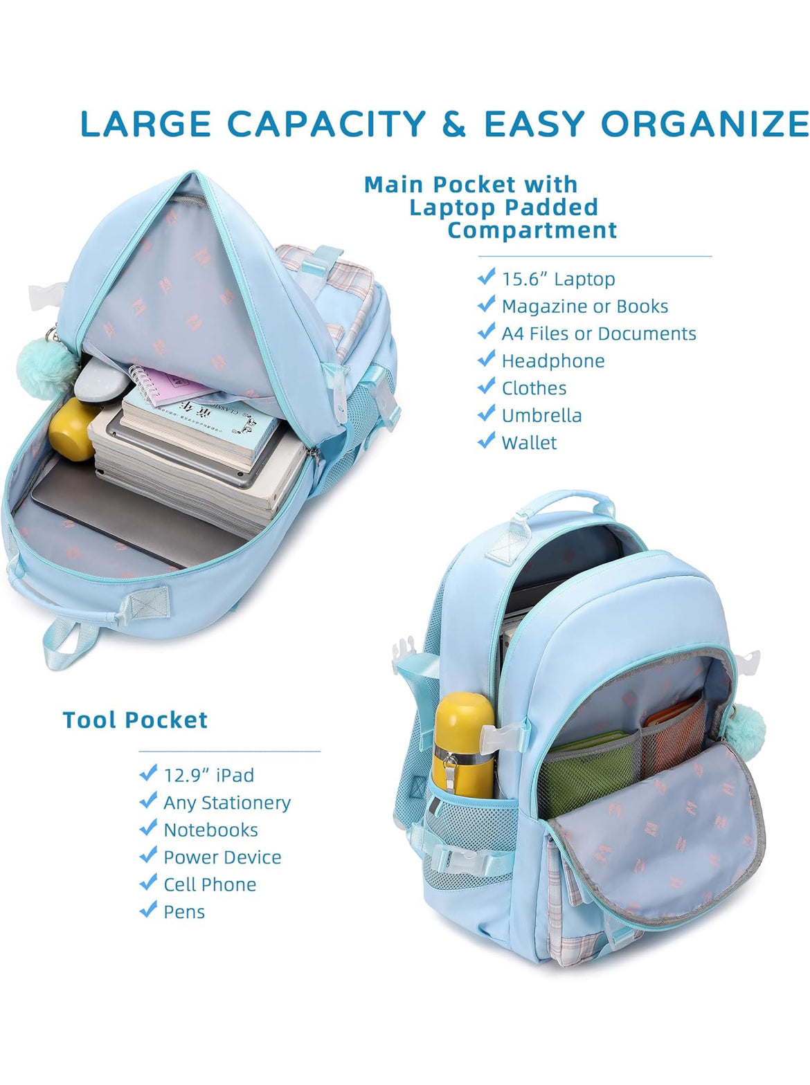 Backpack for Girls, 15.6 Inch Laptop School Bag Kids Kindergarten Elementary College Backpacks Large Bookbags for Teen Girl Women Students Casual Travel Daypacks (Blue)