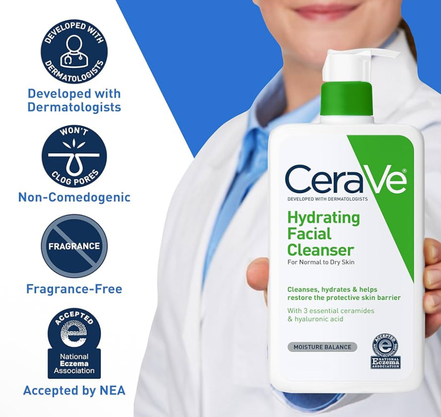 CeraVe Hydrating Facial Cleanser Hyaluronic Acid + Ceramides + Glycerin For Normal To Dry Skin - (16 Oz)