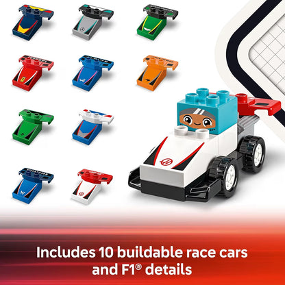 LEGO DUPLO Town F1 Span Renmotors en Drywers Boubare Speelgoedstel – Kleuter Speelgoedmotors vir Voorgee Speel, Seuns en Dogters, Ouderdomme 2+