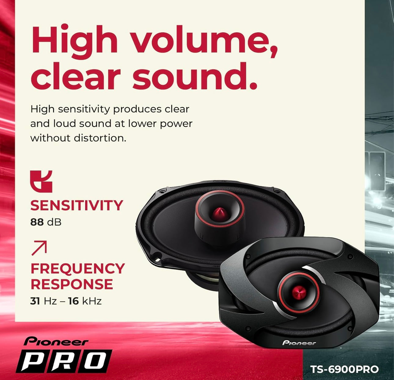 Pioneer TS-6900PRO, 2-rigting-motorluidsprekers, Volreeks, Helder Klankgehalte, Maklike Installasie en Verbeterde Basreaksie, 6” x 9” Luidsprekers