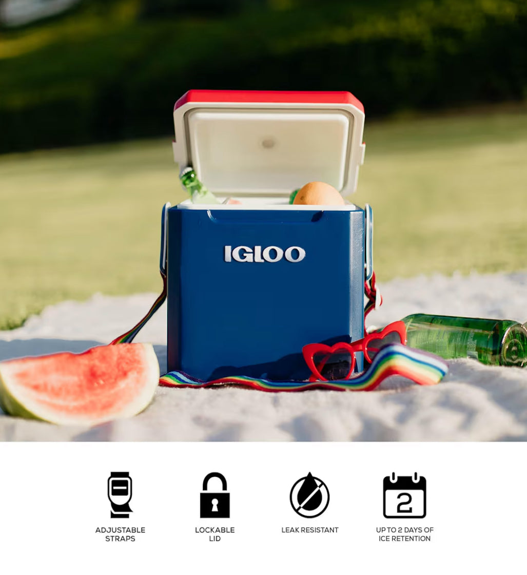 Igloo Tag-Along-Too Tailgating Cooler 11 Qt 2-Day Ice Retention - (Navy / Rainbow strap)