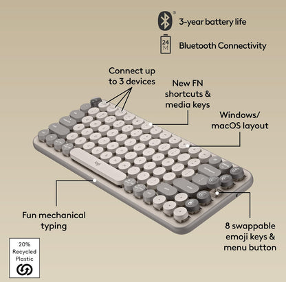 Logitech POP Keys Meganiese Draadlose Sleutelbord met Aanpasbare Emoji-sleutels, Duursame Kompakte Ontwerp, Bluetooth- of USB-verbinding, Multi-toestel, OS-versoenbaar -Mist