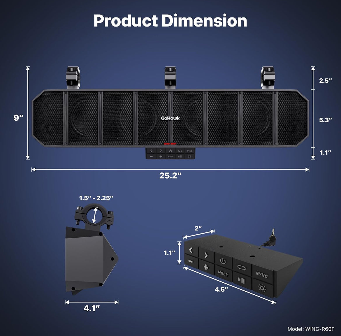 25" 8-Speaker UTV Sound Bar with RGB, Waterproof ATV Soundbar600W Peak Power, Bluetooth, Detachable Remote&Audio Sync, FM Radio/USB/AUX - Black