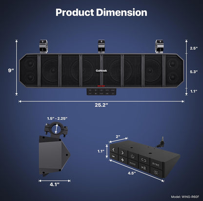 25" 8-Speaker UTV Sound Bar with RGB, Waterproof ATV Soundbar600W Peak Power, Bluetooth, Detachable Remote&Audio Sync, FM Radio/USB/AUX - Black