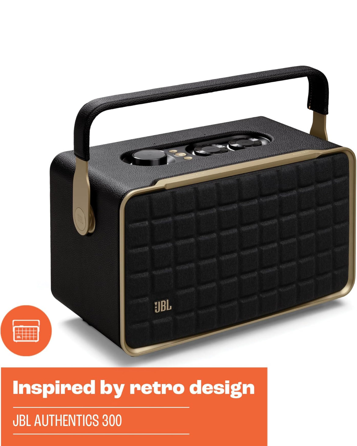 JBL Authentics 300 - Retro Style Wireless Bluetooth/WiFi Home Speaker, Built in Battery (4800mAh) - (White/Gold)