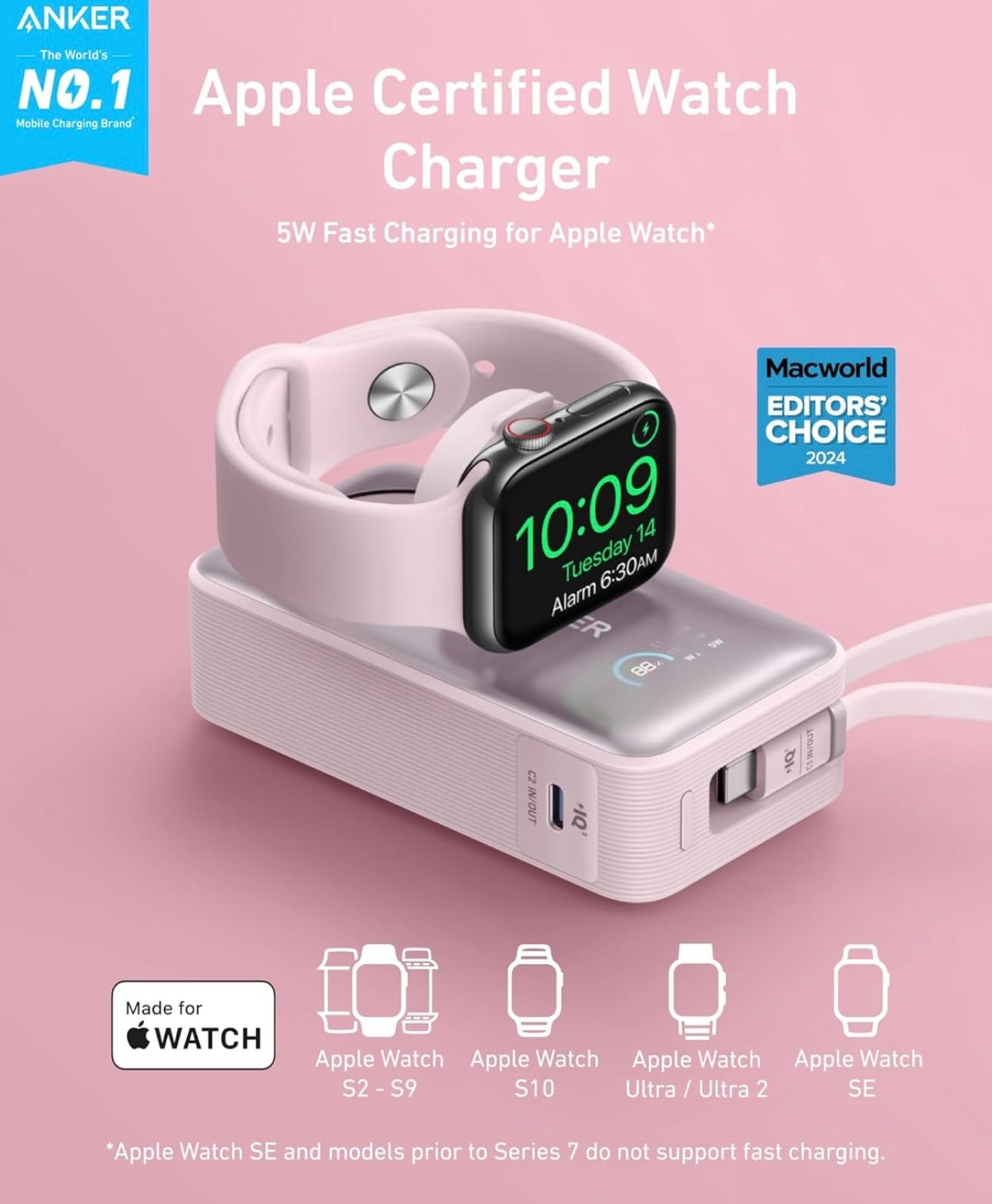Anker MagGo Power Bank for Apple Watch, Officially Certified, 10,000 mAh Compact Battery - Pink