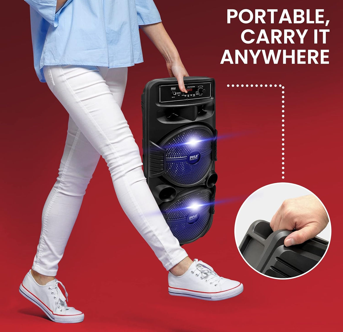 Portable Bluetooth PA Speaker System 8" 600W Rechargeable w/ Dual Subwoofer, Microphone In, Party Lights, USB, Radio, Remote