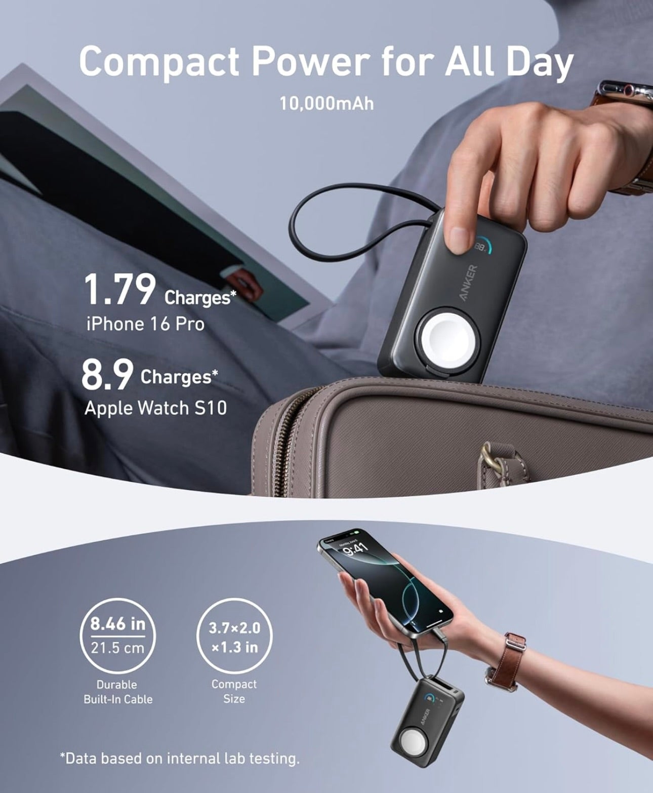 Anker MagGo Power Bank for Apple Watch, Officially Certified, 10,000 mAh Compact Battery - Black