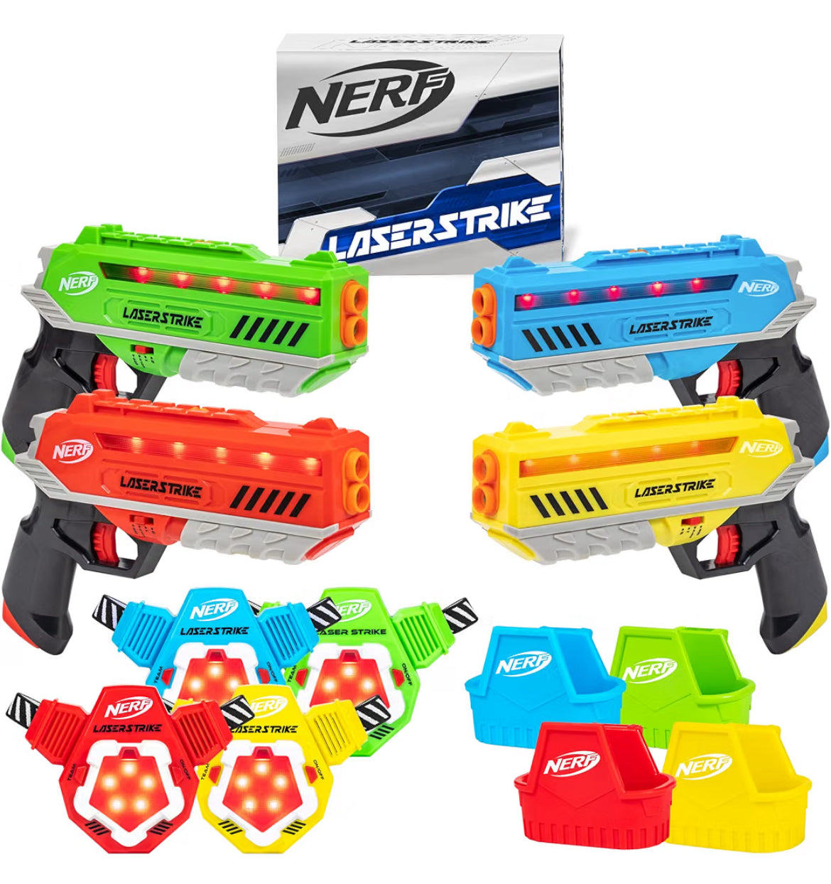 NERF Laser Strike 4 Player Laser Tag Game Pack Complete with 4 300ft Range Blasters, 4 Target Vests & 4 Holsters - Indoor or Outdoor Play Arcade Games, Toys for Kids & Family