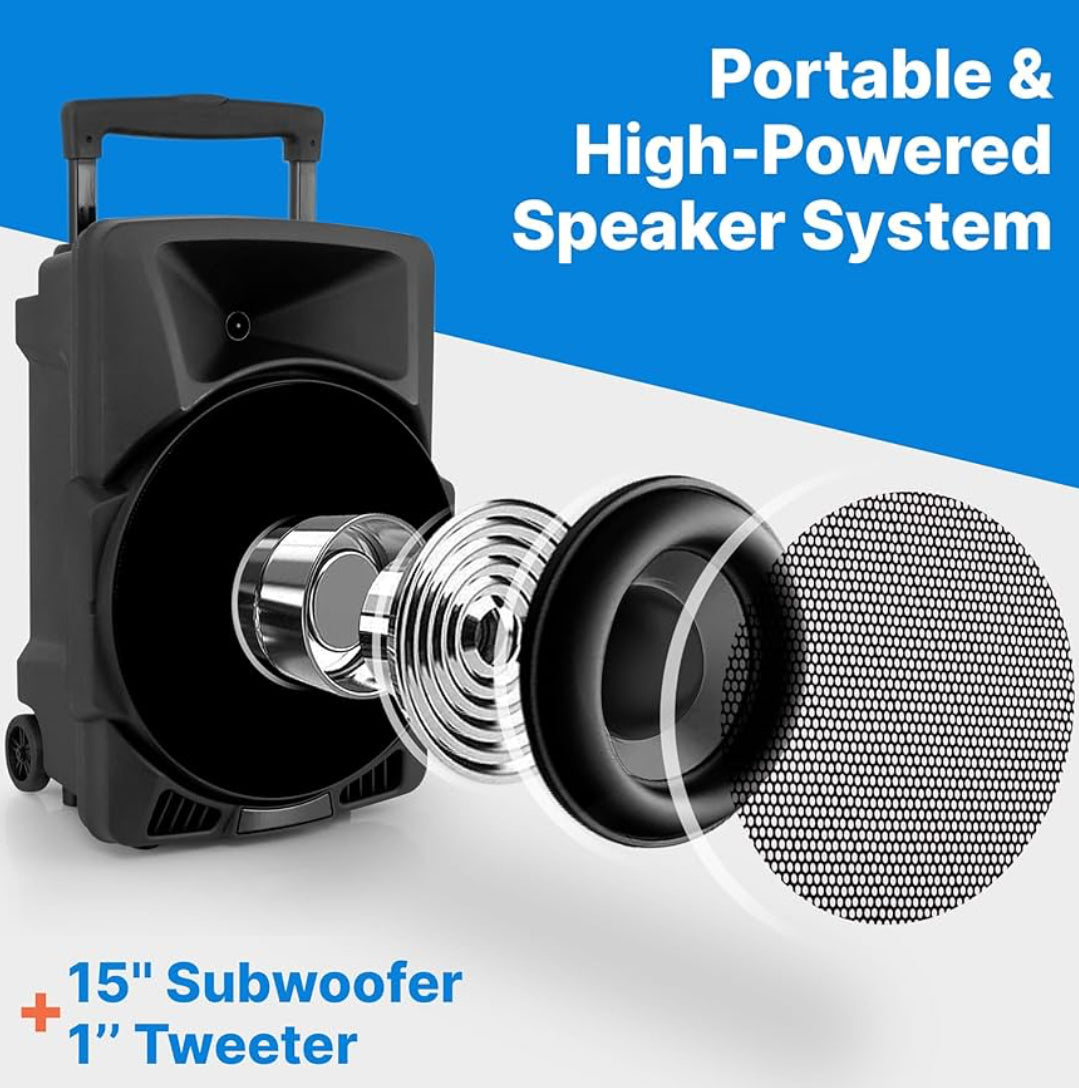 Wireless Portable PA Speaker System -1200W High Powered Bluetooth Compatible Indoor & Outdoor DJ Sound Stereo w/ USB MP3 AUX 3.5mm Input, Flashing Party Light & FM Radio